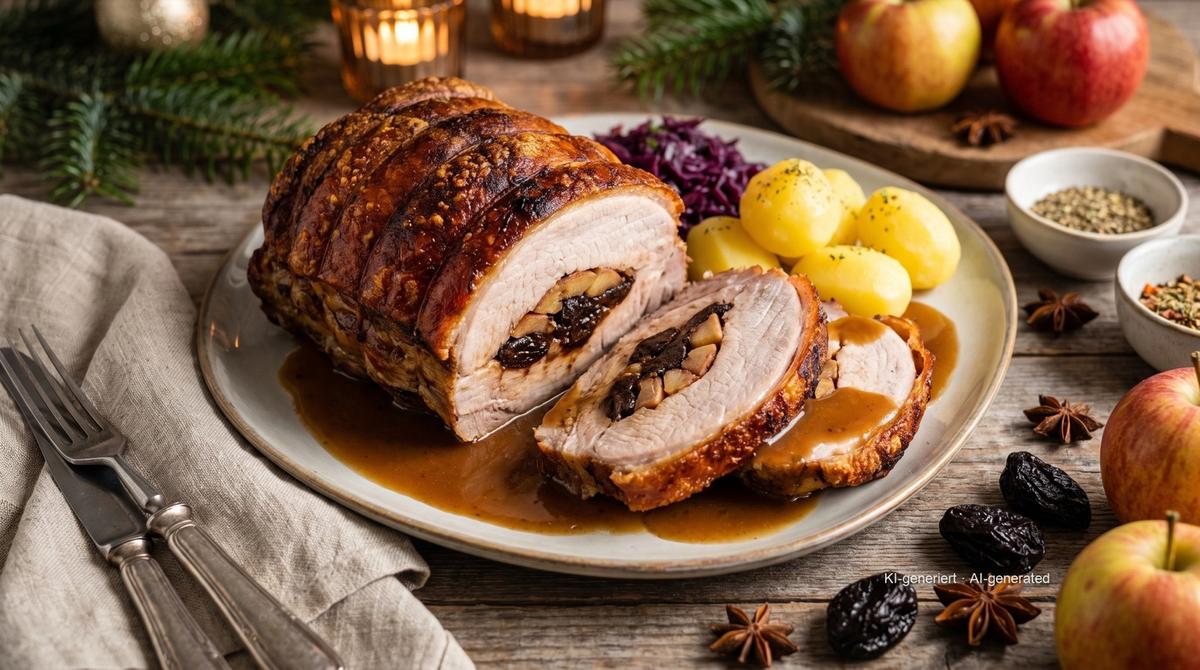 Mecklenburger Rippenbraten (meklenburské plněné vepřové karé) – Recept a obrázek vytvořeny pomocí AI, redakčně zkontrolovány