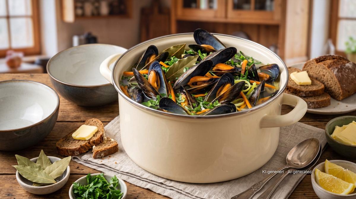 Miesmuscheln rheinische Art – Rezept und Bild mit KI erstellt, redaktionell geprüft