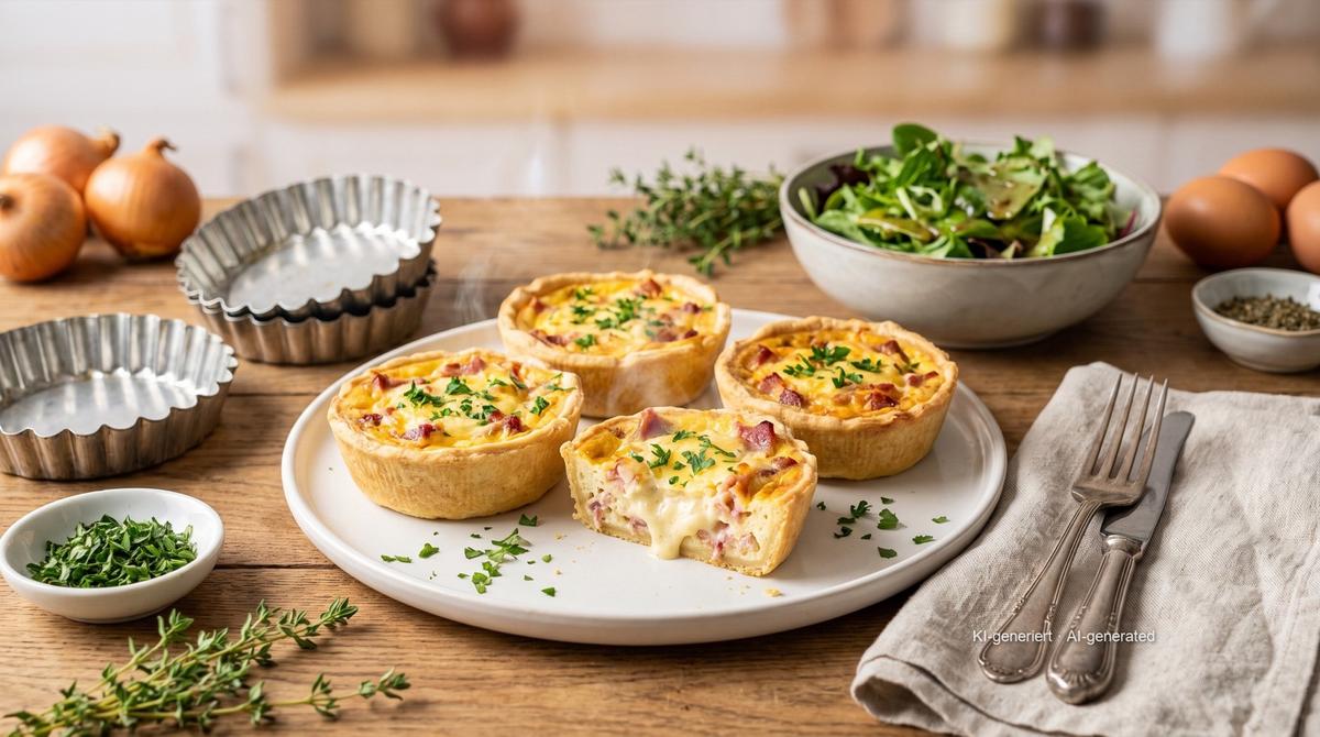 Mini-Quiches in kleinen Formen aus der Heißluftfritteuse – Rezept und Bild mit KI erstellt, redaktionell geprüft