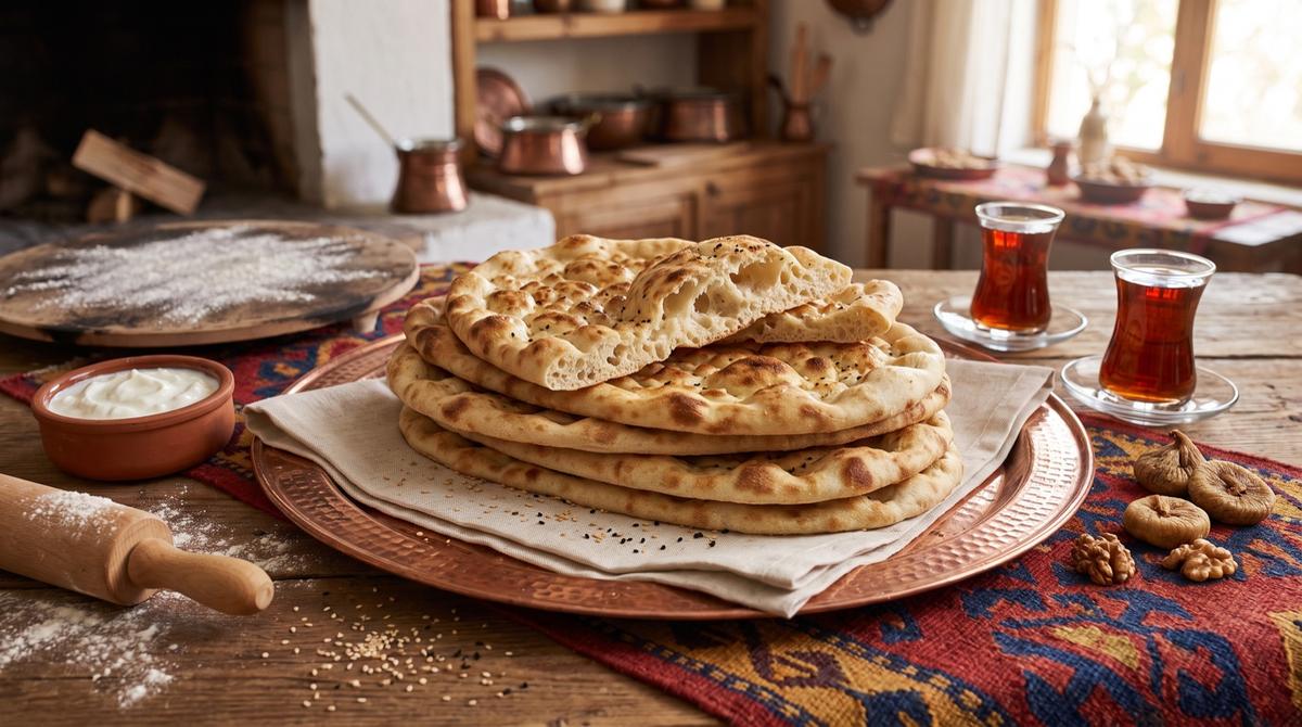 Nanê tenûrê — Fladenbrot aus dem Lehmofen, im Backofen auf dem Stein – Rezept und Bild mit KI erstellt, redaktionell geprüft