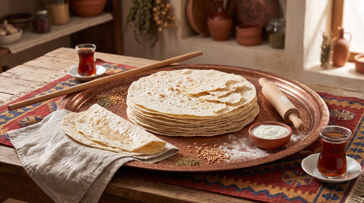 Nanê tîrî — papierdünnes Vorratsbrot, getrocknet und vor dem Essen angefeuchtet – Rezept und Bild mit KI erstellt, redaktionell geprüft