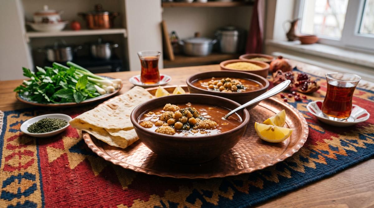 Nardan — Bulgurkügelchen mit Kichererbsen in Granatapfelbrühe – Rezept und Bild mit KI erstellt, redaktionell geprüft