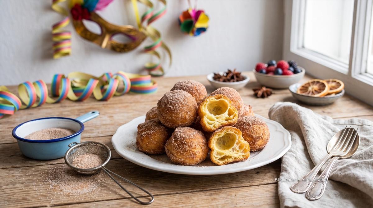 Nonnenfürzle (smažené kuličky z odpalovaného těsta) – Recept a obrázek vytvořeny pomocí AI, redakčně zkontrolovány