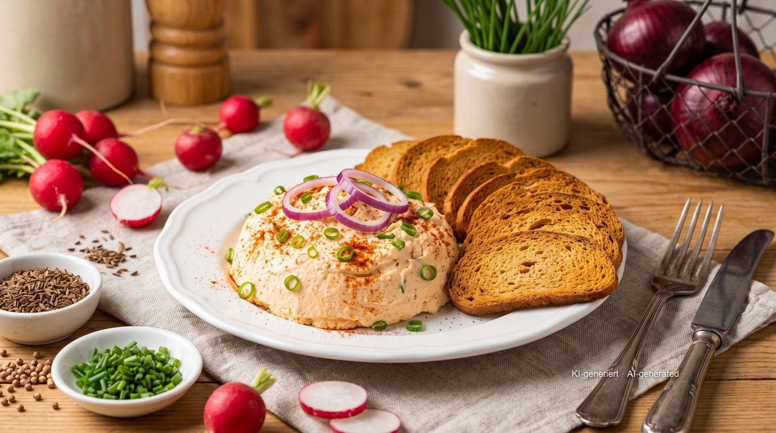 Obatzda mit knusprigen Brotchips aus der Heißluftfritteuse