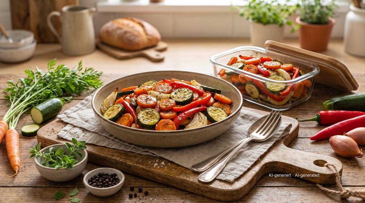 Ofengemüse für die Woche aus der Heißluftfritteuse – Rezept und Bild mit KI erstellt, redaktionell geprüft