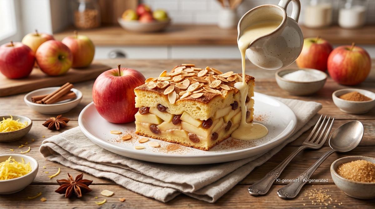Ofenschlupfer (Zwabische broodpudding met appel) uit de airfryer – Recept en afbeelding gemaakt met AI, redactioneel gecontroleerd