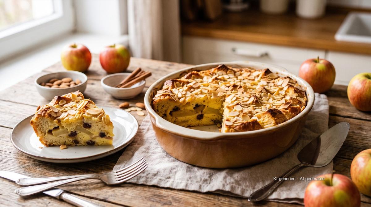 Ofenschlupfer (Zwabische broodpudding met appel) – Recept en afbeelding gemaakt met AI, redactioneel gecontroleerd