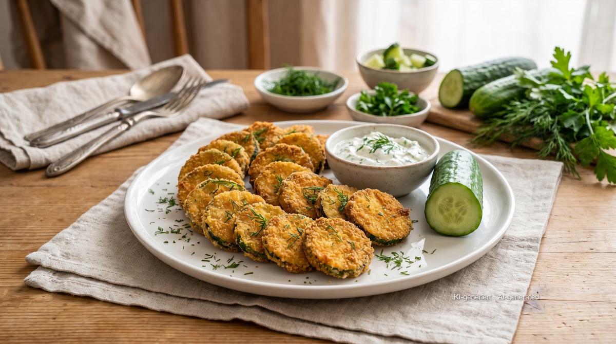 Panierte Gurkenscheiben aus der Heißluftfritteuse – Rezept und Bild mit KI erstellt, redaktionell geprüft