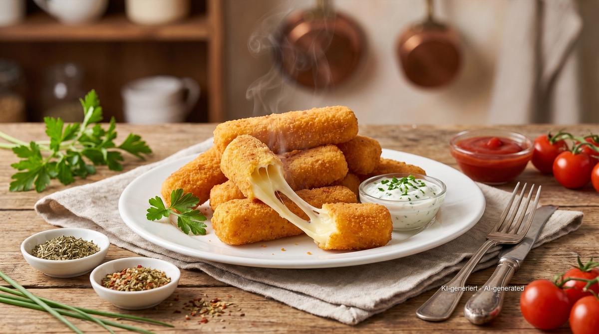 Bastoncini di formaggio impanati in friggitrice ad aria – Rezept und Bild mit KI erstellt, redaktionell geprüft