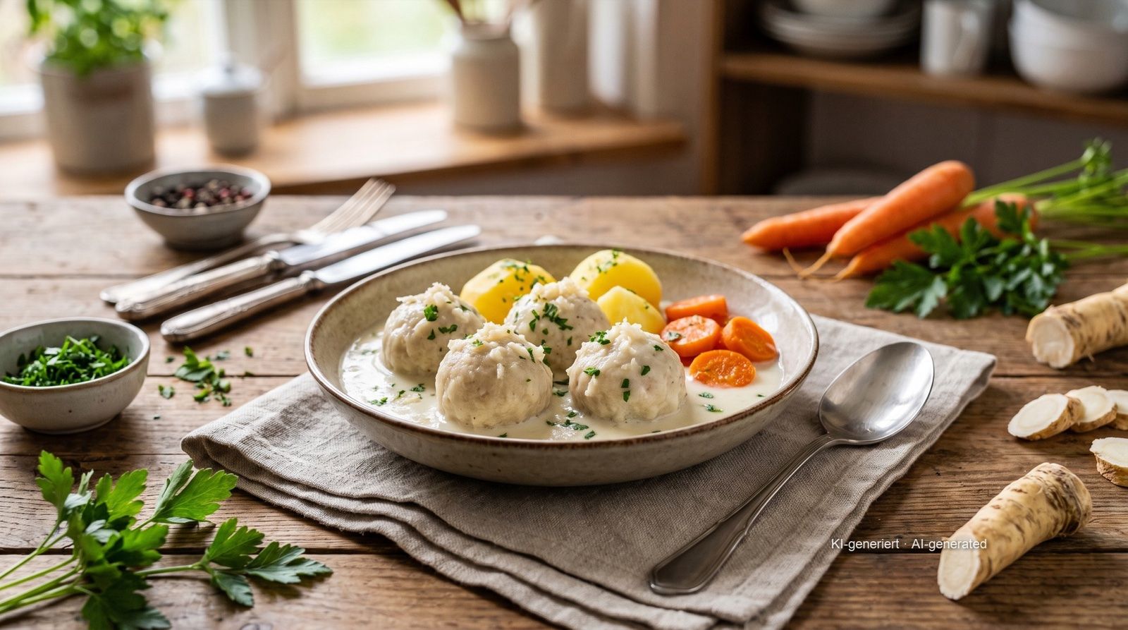 Pfälzer Fleischknepp (Palatinate meatballs) with horseradish sauce