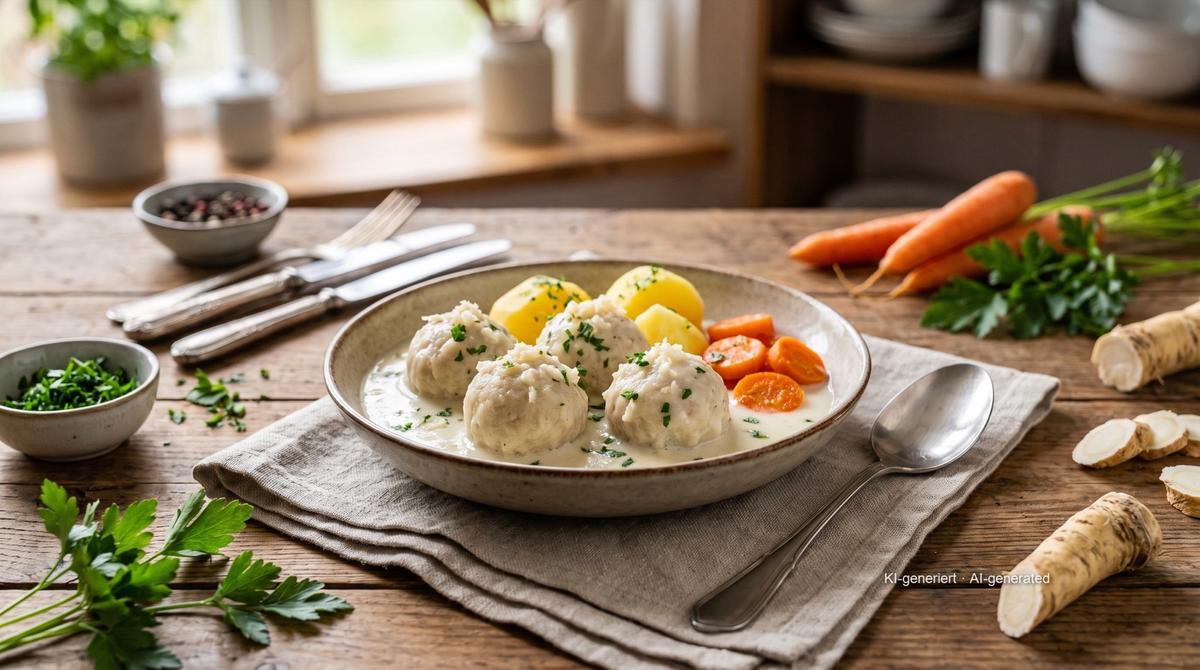 Pfälzer Fleischknepp (Palatinate meatballs) with horseradish sauce – Recipe and image AI-created, editorially reviewed