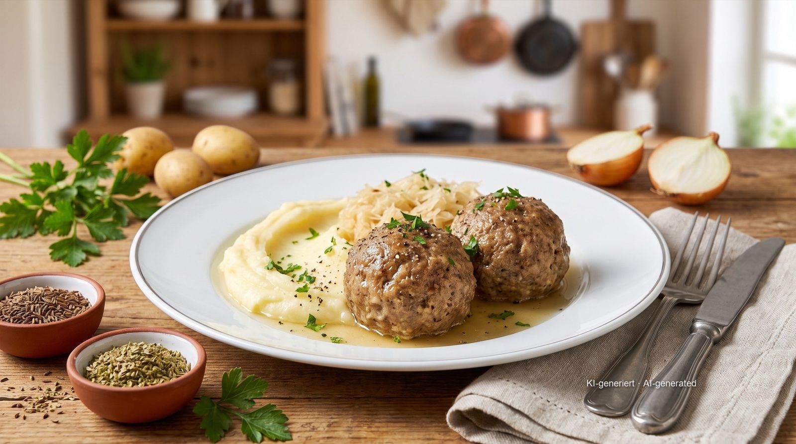 Pfälzer Leberknödel (Palatinate liver dumplings) with sauerkraut and mashed potato
