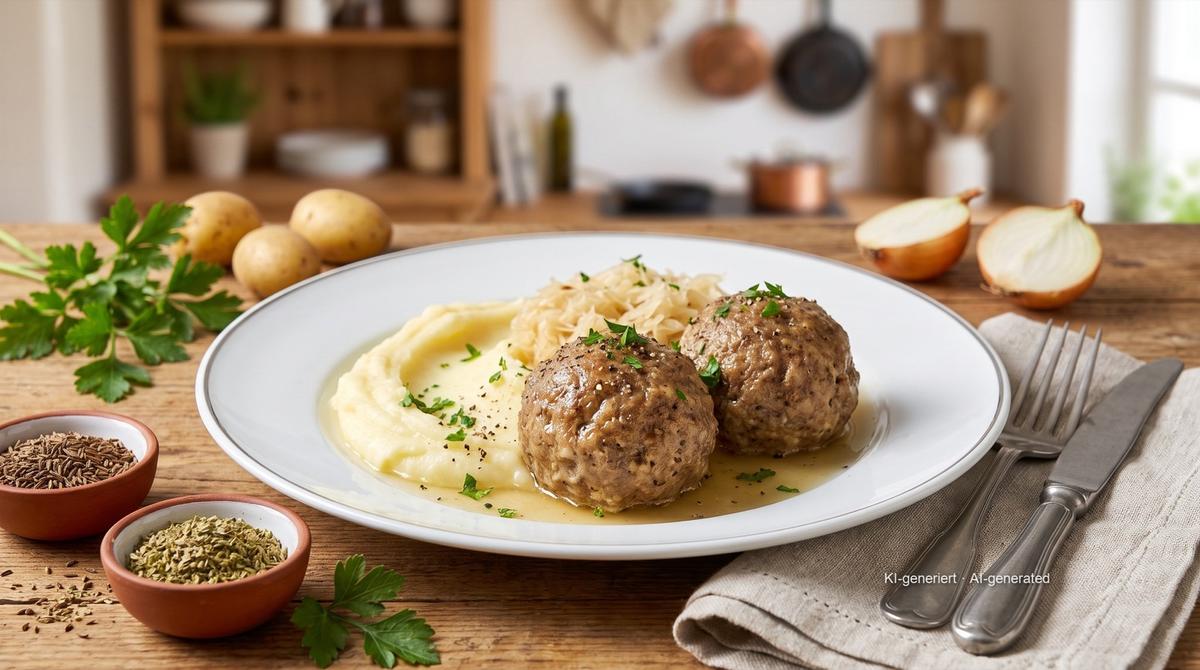 Pfälzer Leberknödel (Palatinate liver dumplings) with sauerkraut and mashed potato – Recipe and image AI-created, editorially reviewed