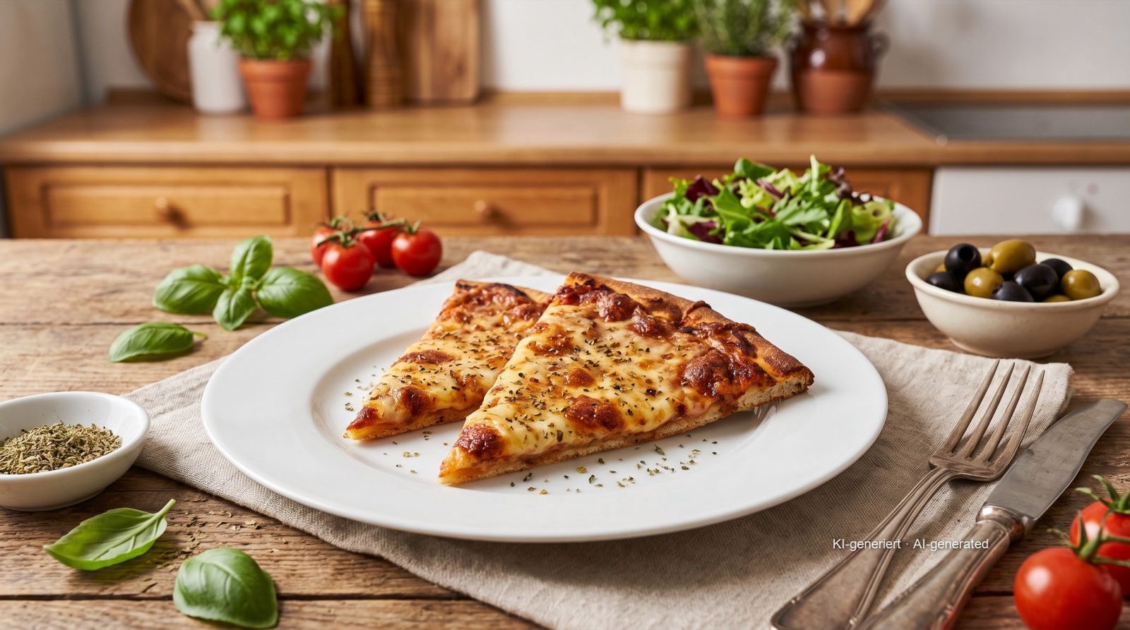 Odgrzewanie pizzy z poprzedniego dnia we frytkownicy beztłuszczowej – Rezept und Bild mit KI erstellt, redaktionell geprüft