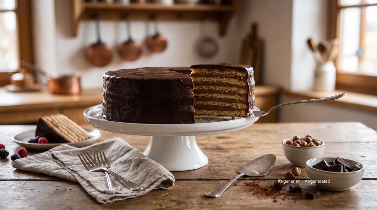 Prinzregententorte (Beierse chocoladetaart met zeven lagen) – Recept en afbeelding gemaakt met AI, redactioneel gecontroleerd