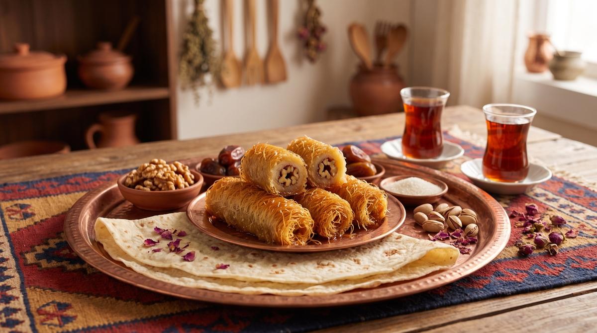 Qedayîfa rêsî — Fadenteigröllchen mit Walnuss in Sirup – Rezept und Bild mit KI erstellt, redaktionell geprüft