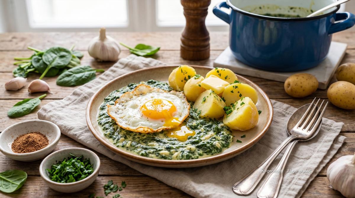 Rahmspinat mit Spiegelei und Salzkartoffeln – Rezept und Bild mit KI erstellt, redaktionell geprüft