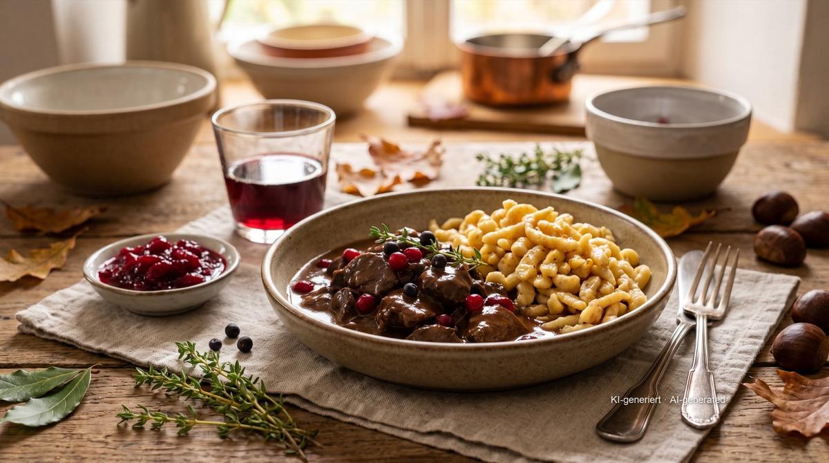 Reeragout met spätzle (Zwabische eiernoedeltjes) – Recept en afbeelding gemaakt met AI, redactioneel gecontroleerd