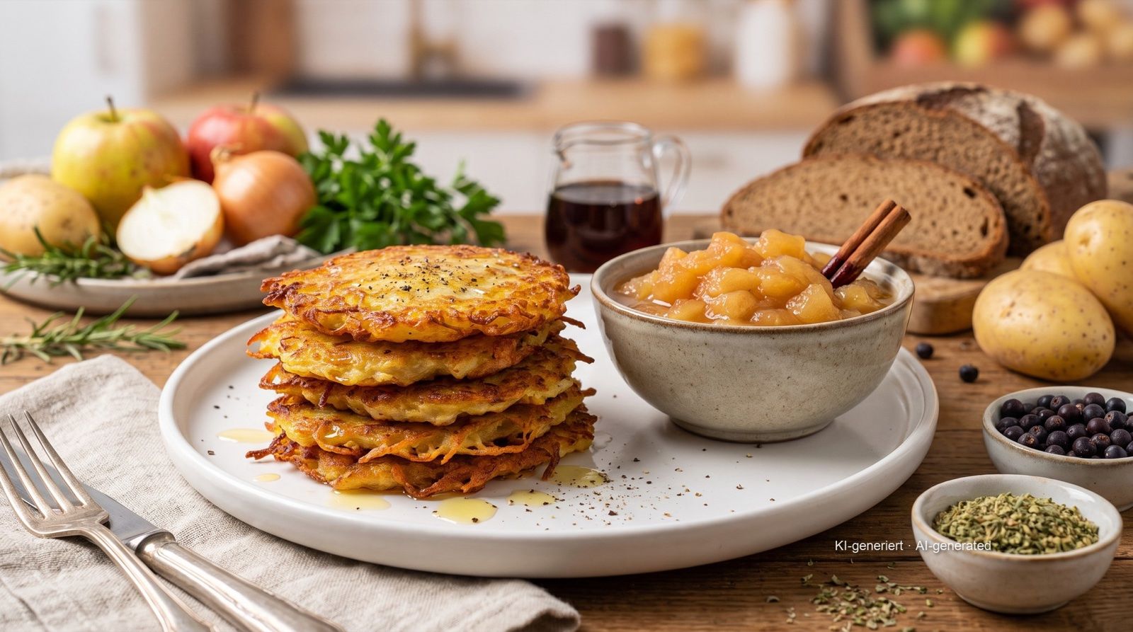 Rheinische Reibekuchen (porýnské bramboráky) s jablečným kompotem