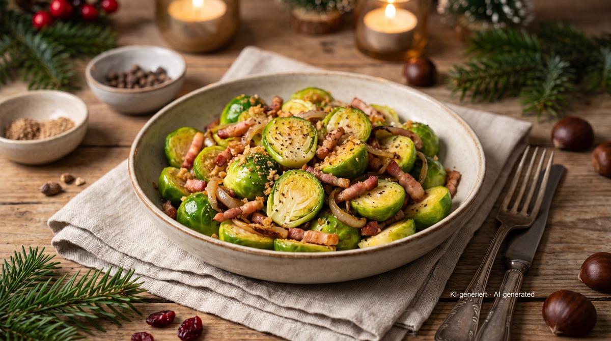 Brussels sprouts with bacon and onions – Recipe and image AI-created, editorially reviewed