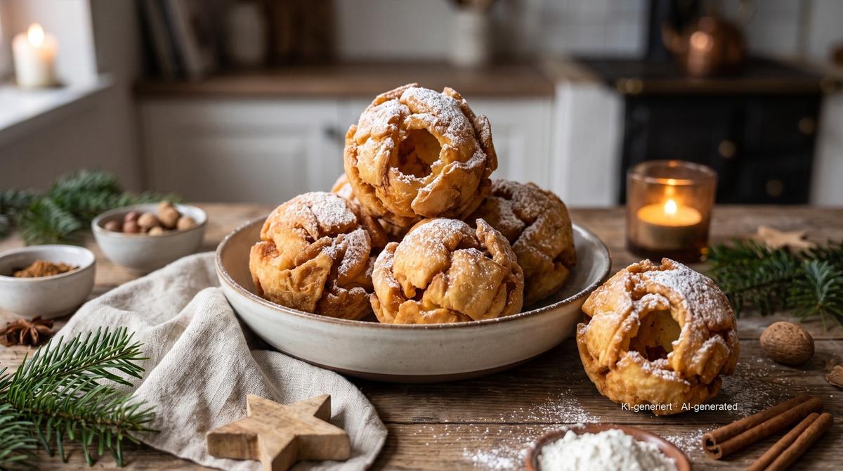 Rothenburger Schneeballen (knapperige deegballen met poedersuiker) – Recept en afbeelding gemaakt met AI, redactioneel gecontroleerd