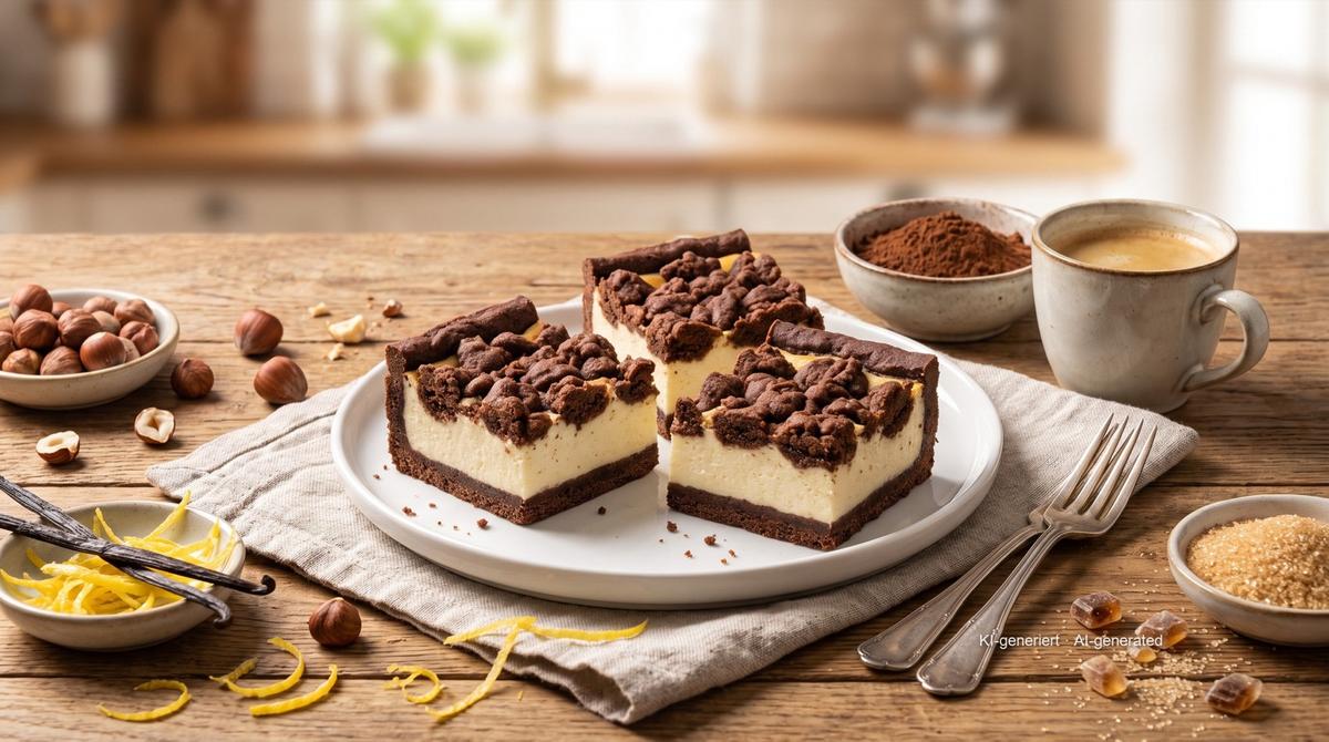 Russischer Zupfkuchen (tvarohový koláč s kakaovým těstem) v malé formě z horkovzdušné fritézy – Recept a obrázek vytvořeny pomocí AI, redakčně zkontrolovány