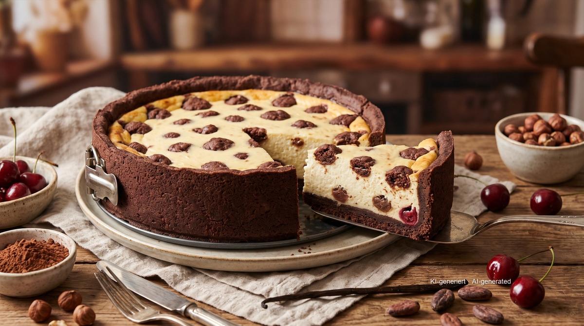 Russischer Zupfkuchen (tvarohový koláč s kakaovým těstem) – Recept a obrázek vytvořeny pomocí AI, redakčně zkontrolovány
