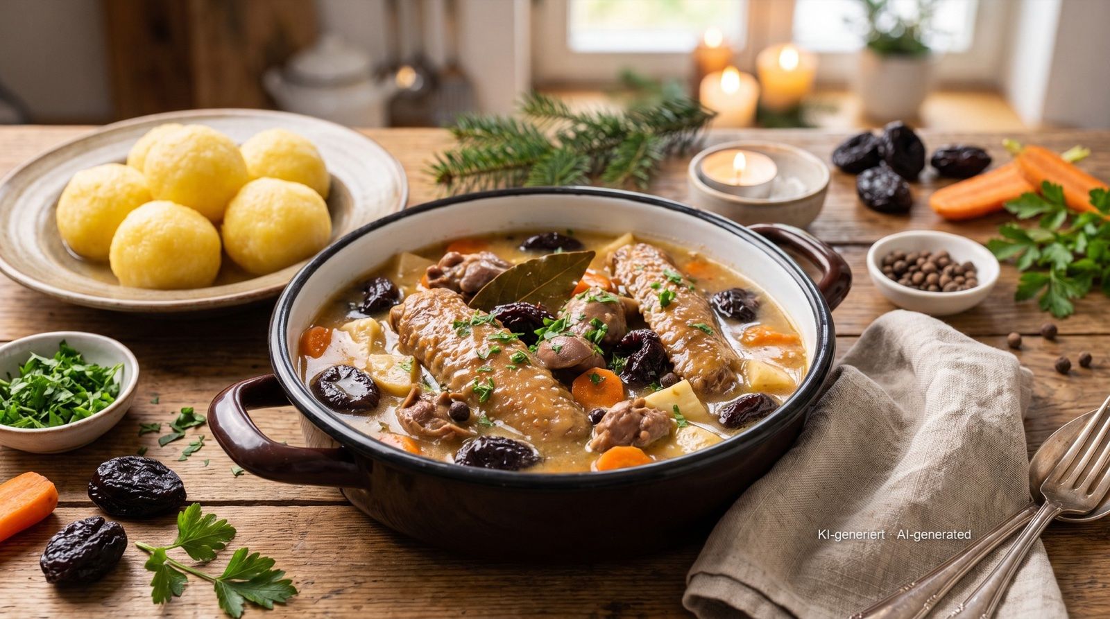 Sächsisches Gänseklein (husí drůbky na sladkokyselo) se sušenými švestkami