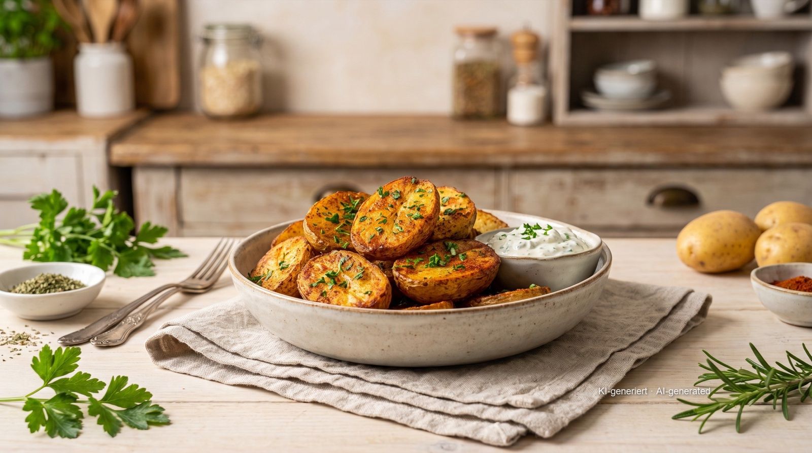Knapperige gekookte aardappelen van gisteren uit de airfryer