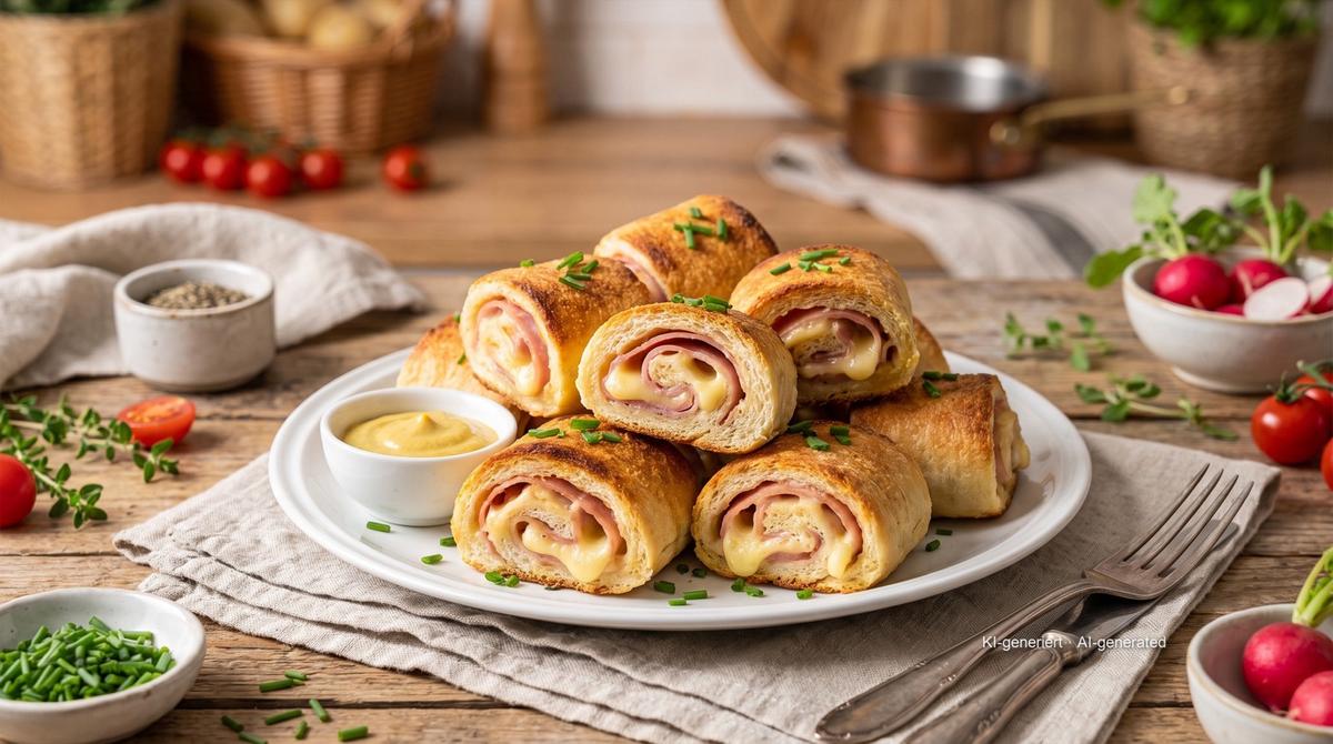 Schinken-Käse-Röllchen aus Toastbrot aus der Heißluftfritteuse – Rezept und Bild mit KI erstellt, redaktionell geprüft