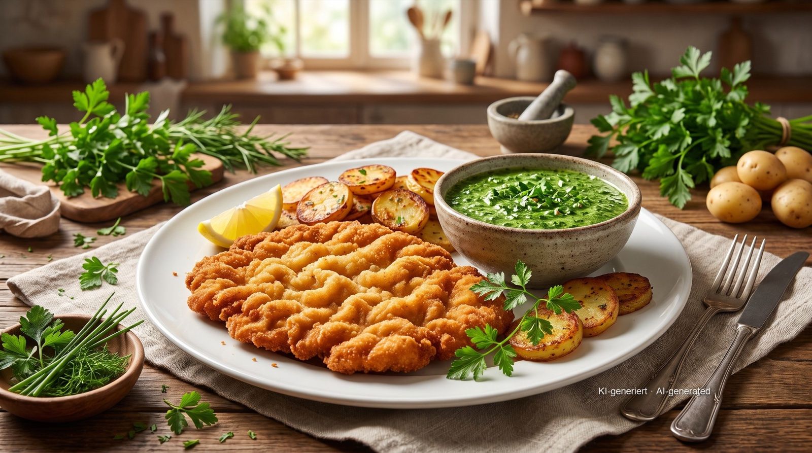 Schnitzel met Grüne Soße (koude saus van zeven kruiden)