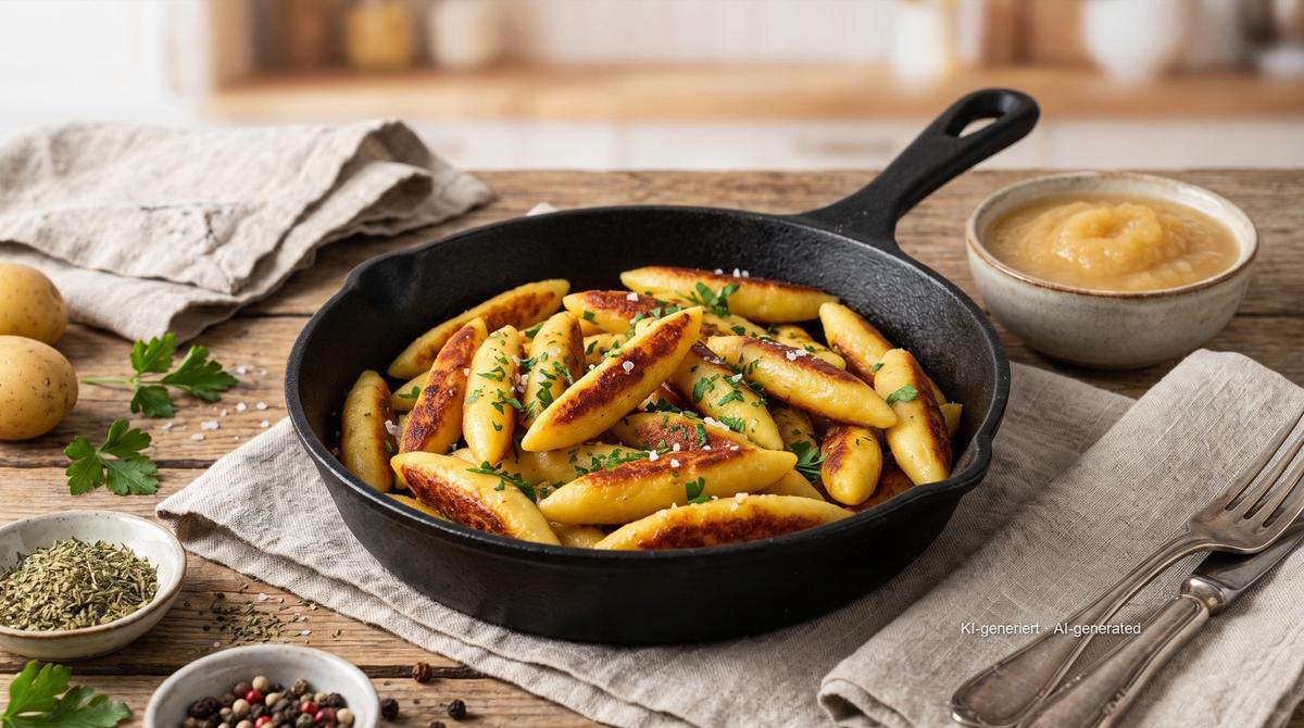 Zelfgemaakte Schupfnudeln (Zwabische aardappelnoedels) – Recept en afbeelding gemaakt met AI, redactioneel gecontroleerd