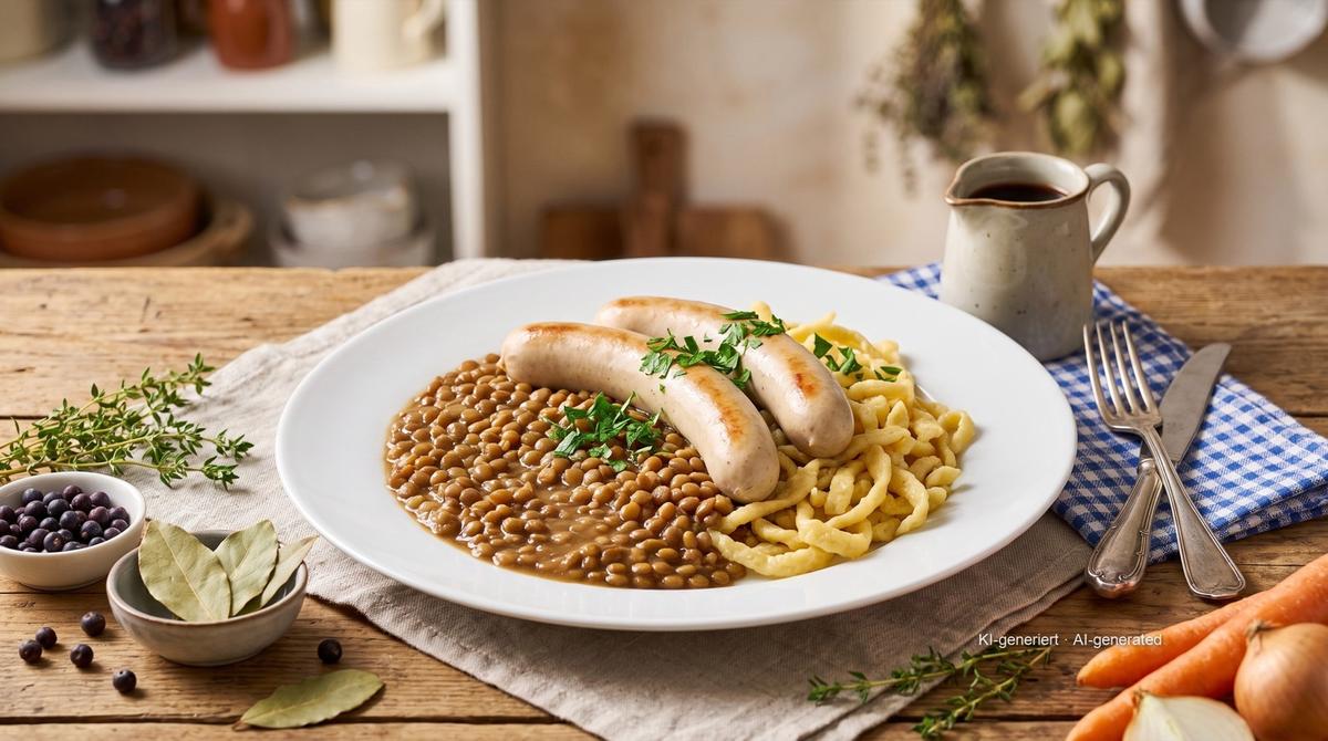 Schwäbische Linsen mit Spätzle und Saitenwürstle – Rezept und Bild mit KI erstellt, redaktionell geprüft