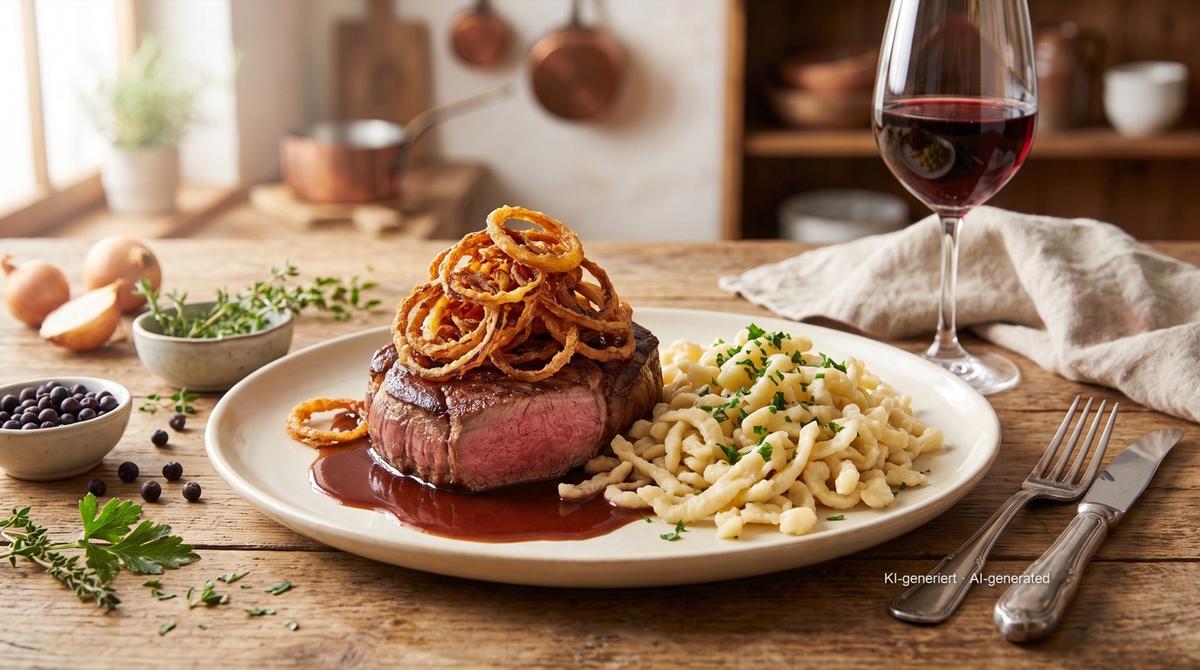 Schwäbischer Zwiebelrostbraten (Swabian steak with fried onions) – Recipe and image AI-created, editorially reviewed