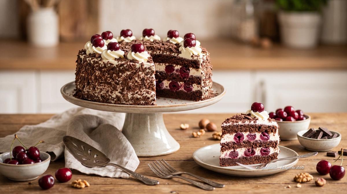 Schwarzwälder Kirschtorte (chocoladetaart met kersen en slagroom) – Recept en afbeelding gemaakt met AI, redactioneel gecontroleerd