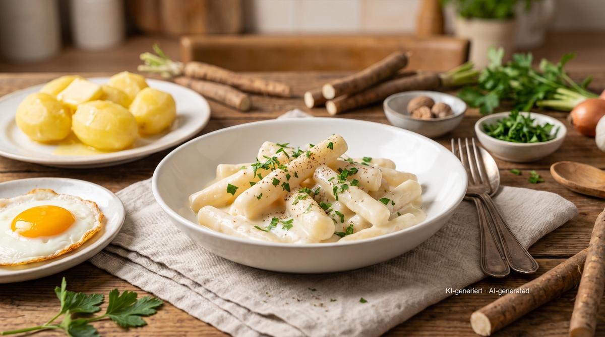 Schwarzwurzeln in heller Sauce – Rezept und Bild mit KI erstellt, redaktionell geprüft
