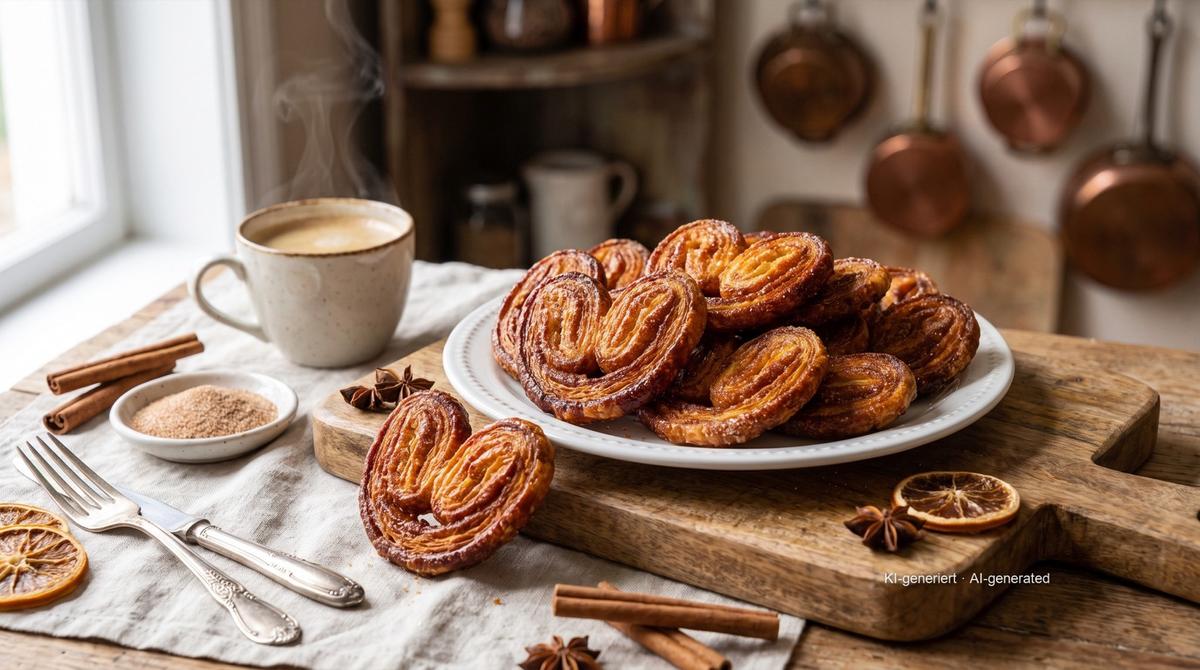 Schweineohren (skořicová ouška z listového těsta) z horkovzdušné fritézy – Recept a obrázek vytvořeny pomocí AI, redakčně zkontrolovány