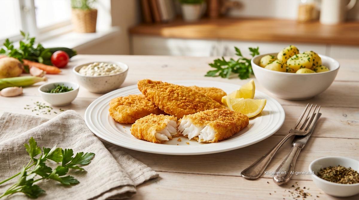 Seelachsfilet paniert aus der Heißluftfritteuse – Rezept und Bild mit KI erstellt, redaktionell geprüft