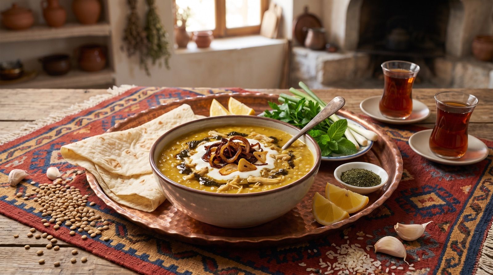 Sengesîr — Linsen-Reis-Suppe mit Huhn und Kaşk