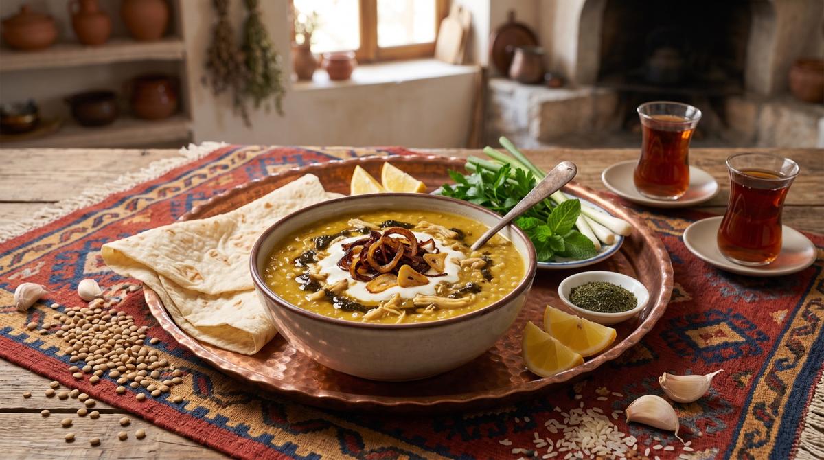 Sengesîr — Linsen-Reis-Suppe mit Huhn und Kaşk – Rezept und Bild mit KI erstellt, redaktionell geprüft