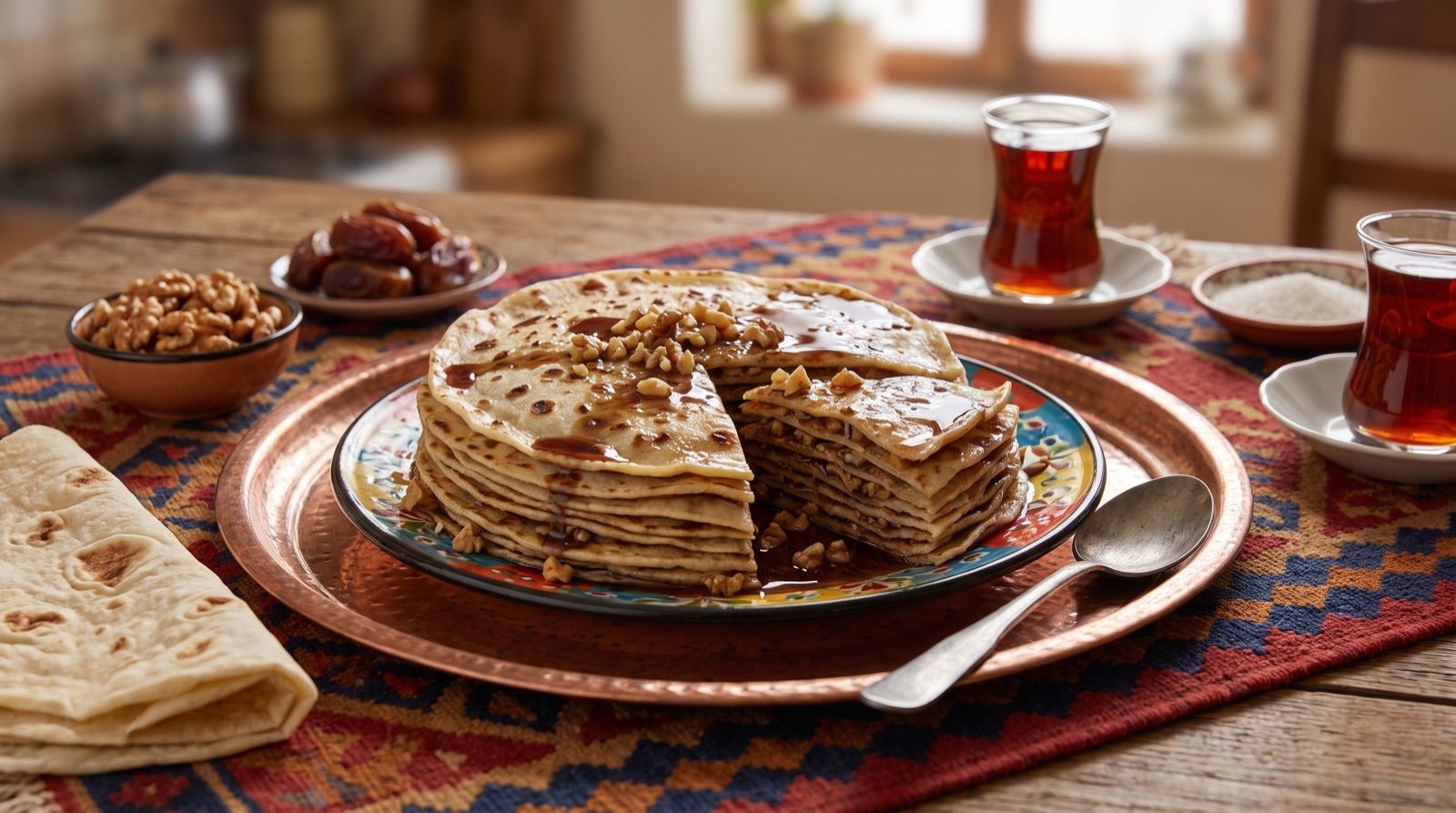 Şilik — geschichtete Pfannkuchen mit Traubensirup und Walnuss