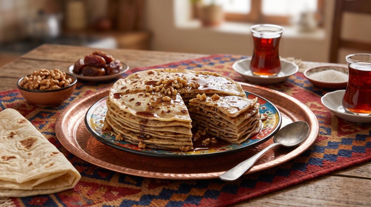 Şilik — geschichtete Pfannkuchen mit Traubensirup und Walnuss – Rezept und Bild mit KI erstellt, redaktionell geprüft