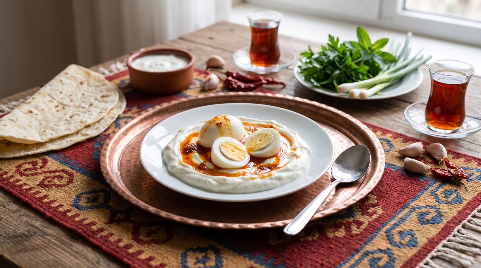 Sîr-mast bi hêk — Knoblauchjoghurt mit pochierten Eiern und Olivenöl