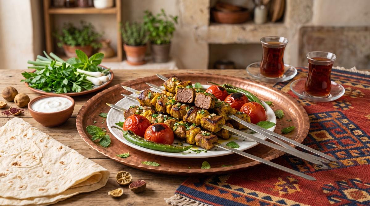 Şîşa berxan bi pûng — Lammspieße mit Minze, Knoblauch und Safran – Rezept und Bild mit KI erstellt, redaktionell geprüft