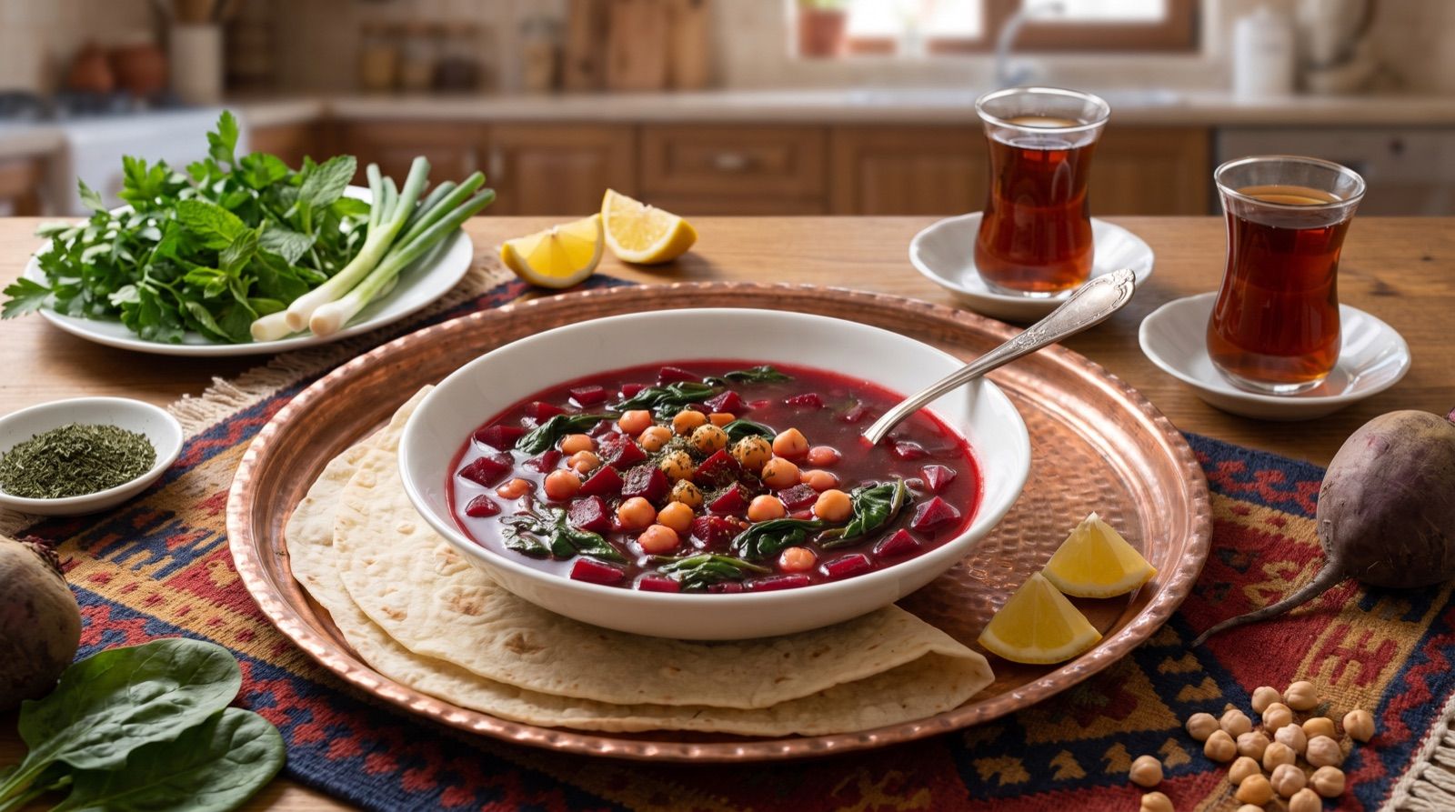 Şorbay çewender — Rote-Bete-Suppe mit Spinat und Kichererbsen
