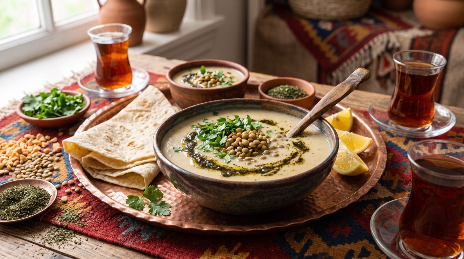 Şorbeya tarxaneyê — Tarxane-Suppe mit Linsen und Kräutern