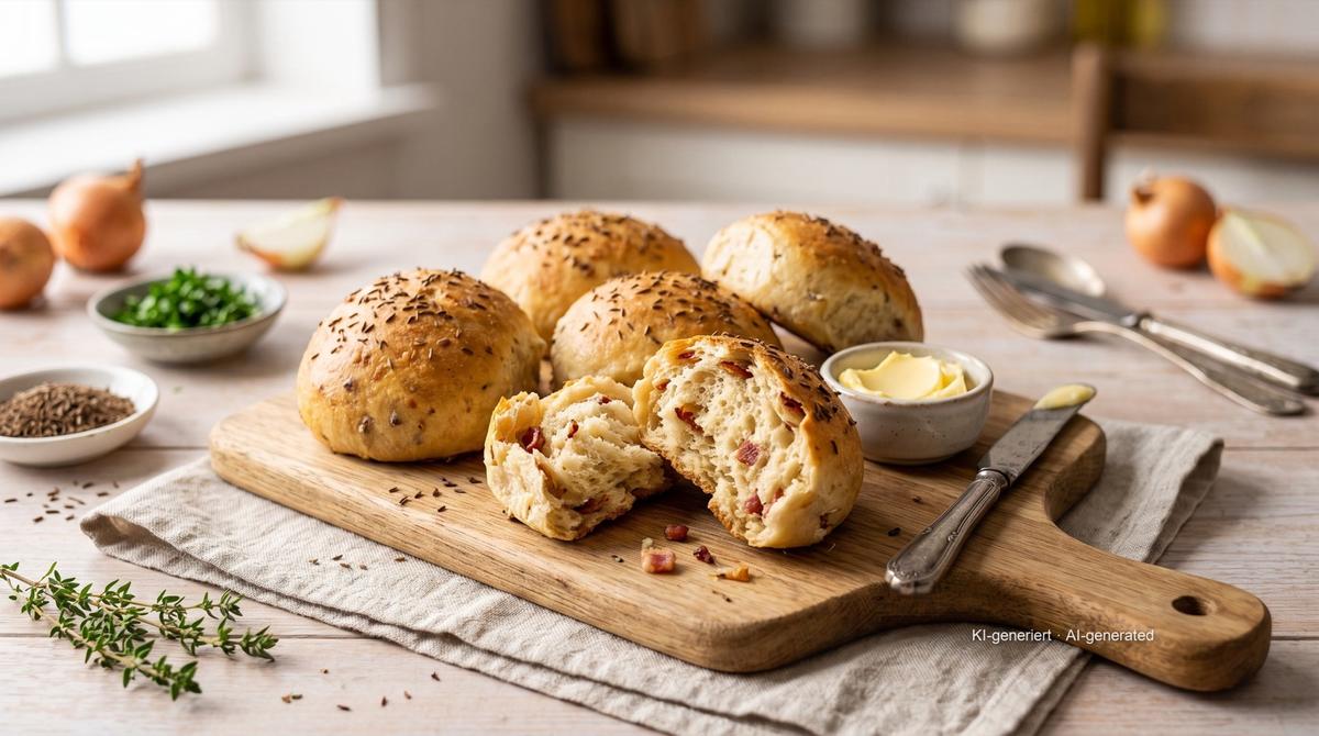 Speck-Zwiebel-Brötchen aus der Heißluftfritteuse – Rezept und Bild mit KI erstellt, redaktionell geprüft