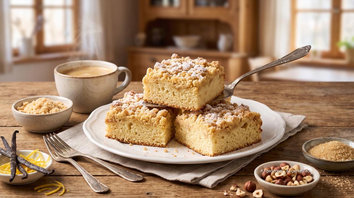 Streuselkuchen (German Crumble Cake) in a Small Tin from the Airfryer – Recipe and image AI-created, editorially reviewed