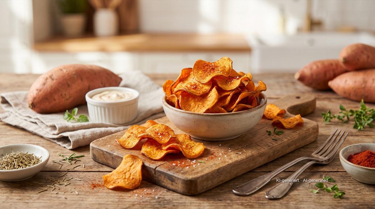 Süßkartoffel-Chips aus der Heißluftfritteuse – Rezept und Bild mit KI erstellt, redaktionell geprüft