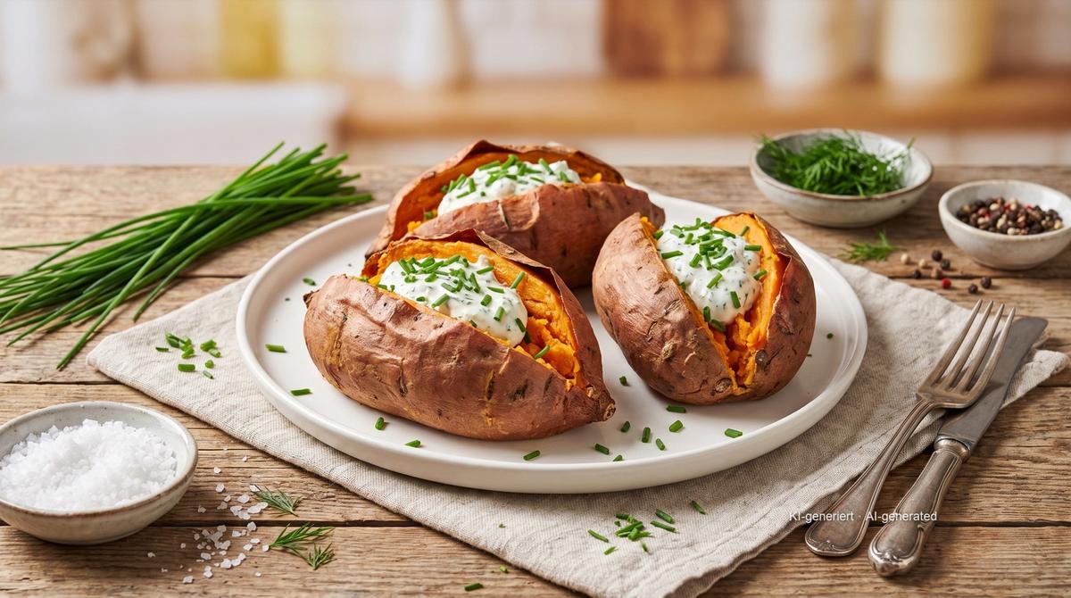 Hele gepofte zoete aardappel uit de airfryer – Recept en afbeelding gemaakt met AI, redactioneel gecontroleerd
